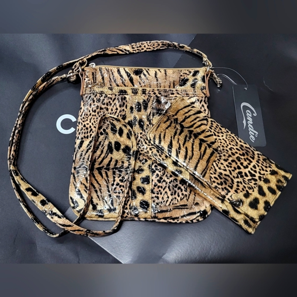 Tan & Black Animal Print Faux Patent Leather Crossbody Matching Long Wallet NWT